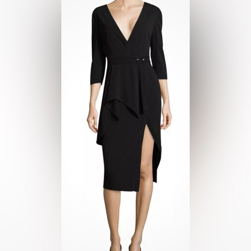 Jason Wu V Neck Peplum Dashed Pinstripe Mid Length Dress in Black size 6 Office